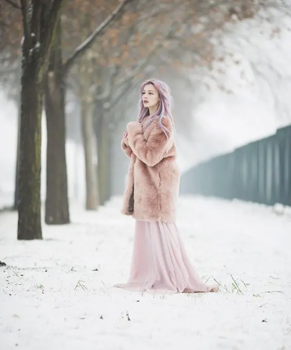 Dusty Rose Pink Bridal Attire with Warm Coats in Winter Wedding