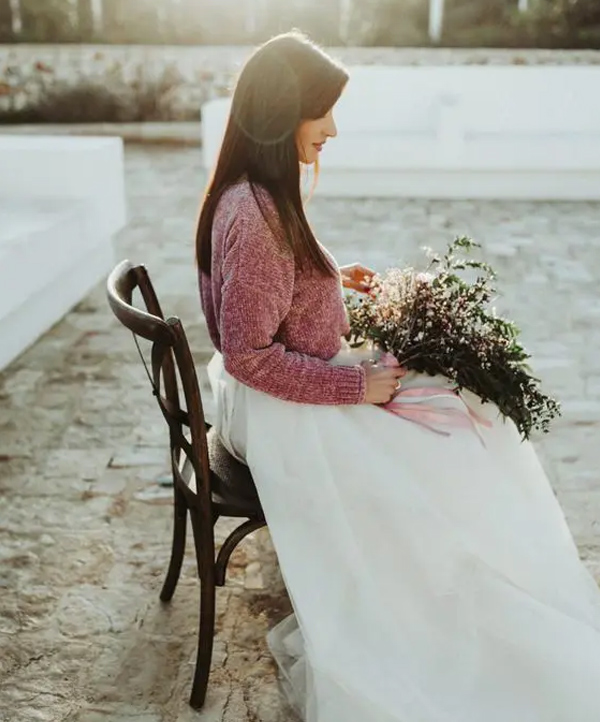 Dusty Rose Pink Bridal Attire with Warm Coats in Winter Wedding