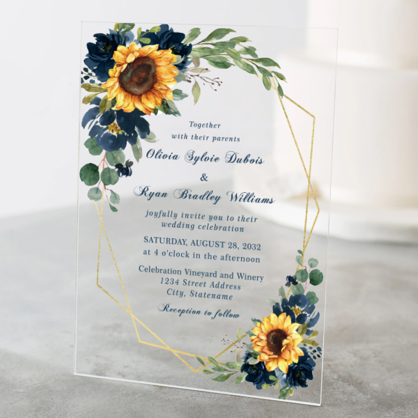 sunflower navy floral clear acrylic wedding Invitation CWIA122