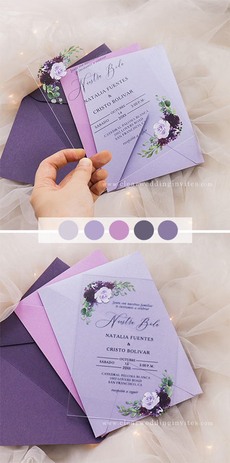 Acrylic wedding invitations with colorful envelopes and liners