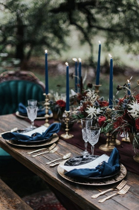 halloween Dark Teal Burgundy wedding table setting