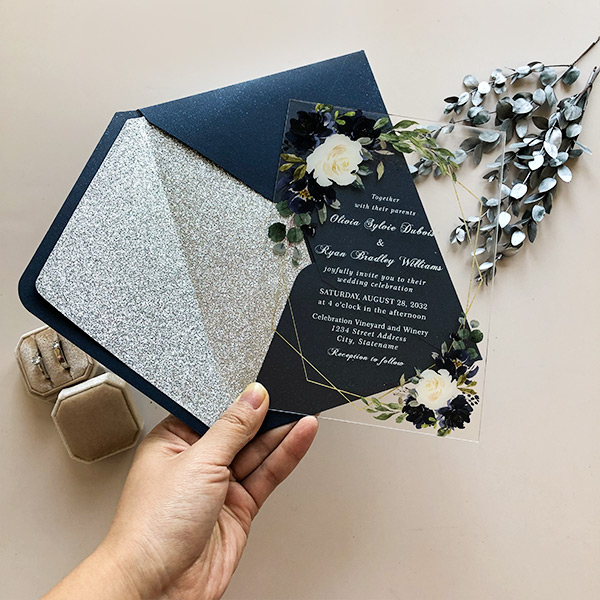 rustic navy blue and ivory floral acrylic clear wedding invites with silver glittery envelope CWIA68