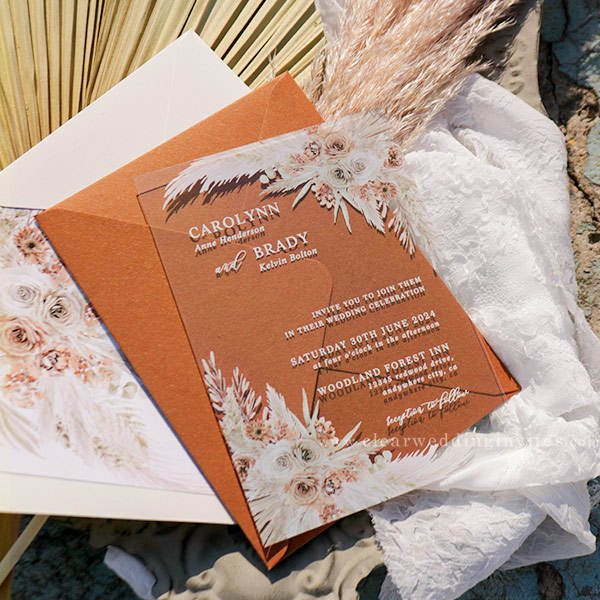 dusty blue and orange acrylic wedding invitations