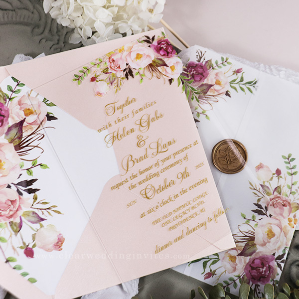 blush pink fuchsia bohemian floral acrylic clear wedding invites